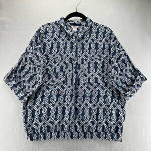 Joe Fresh Blouse Womens Sz L Geometric Oversized Button Front Cuff Sleeve Blue